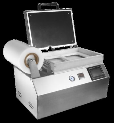 Máquina de envasado al vacío con piel en bandeja de plástico prensada a mano con control de pantalla táctil y acero inoxidable 304 de grado alimenticio